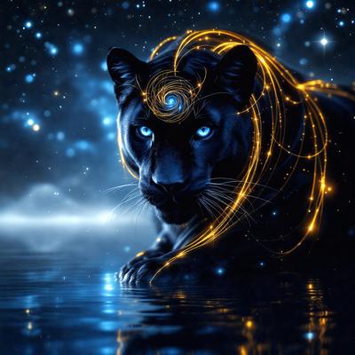 The primary subject of the image is a black panther with a blue eye, sitting on a surface that appears to be water. The setting is a nighttime environment, with the panther surrounded by a starry sky. The visual style of the image is a combination of photo and digital art, creating a unique and captivating scene. The dominant colors in the image are black and blue, with the blue eye of the panther being the most striking feature. The overall atmosphere of the image is mysterious and enchanting, as the
